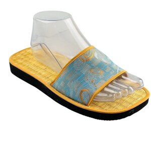 Womens Bamboo Sole Slide Sandals With Blue Gold Fabric Strap Open Toe Slip-On